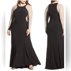 XSCAPE BLACK AND MESH WITH SILVER BEADING FISHTAIL GOWN ( worn once)